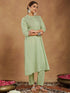 Janasya Women's Mint Green Pure Cotton Embroidered A-line Kurta Pant Set